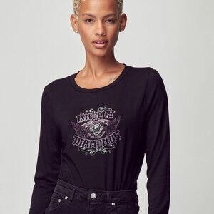 Women's Vintage Bling Angels & Diamonds Long Sleeve Black Bodysuit